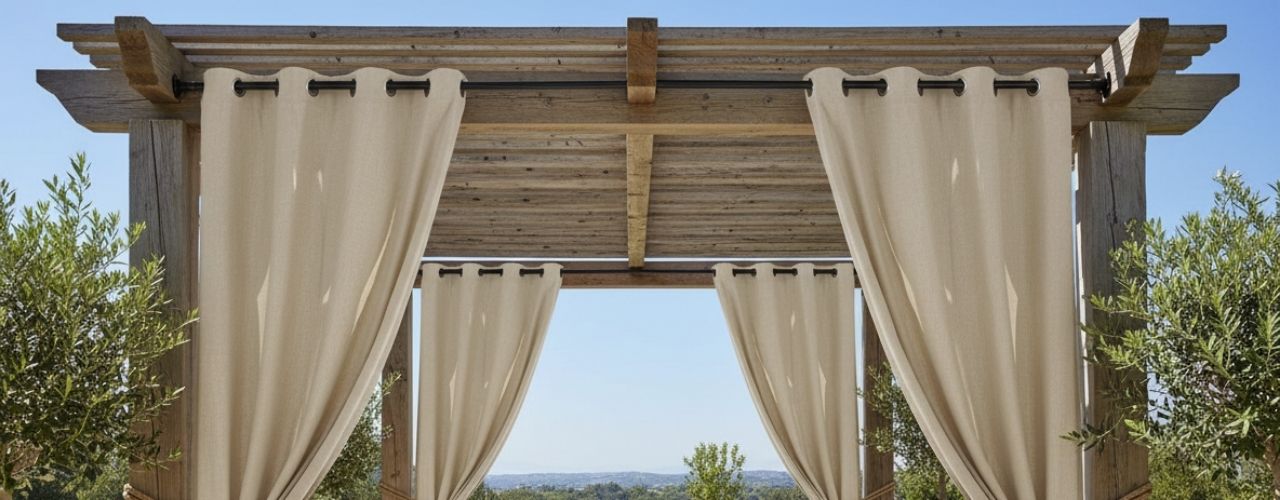 Wooden pergola with beige curtains against a clear blue sky Wooden pergola with beige curtains against a clear blue sky