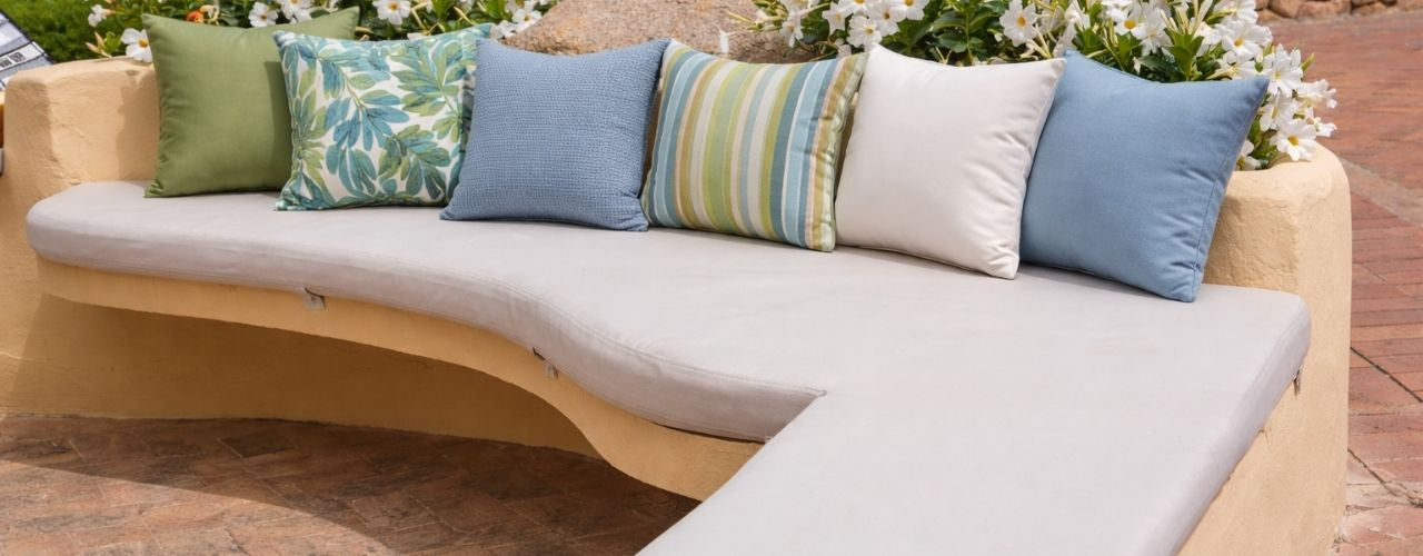 Outdoor patio sectional with colorful cushions and plants in a garden setting Outdoor patio sectional with colorful cushions and plants in a garden setting