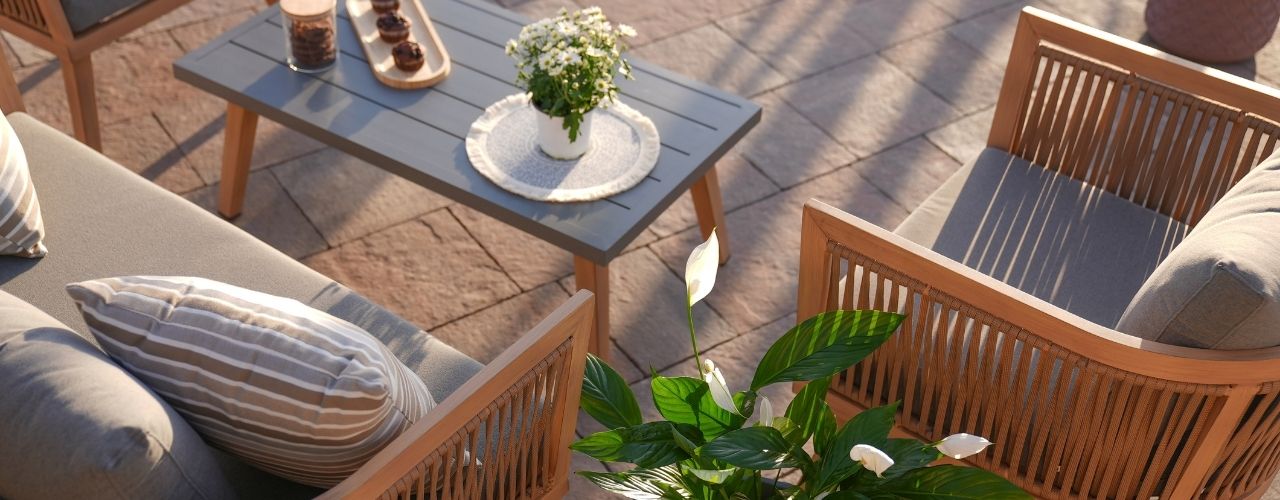 Outdoor patio set with wooden furniture and outdoor cushions Outdoor patio set with wooden furniture and outdoor cushions