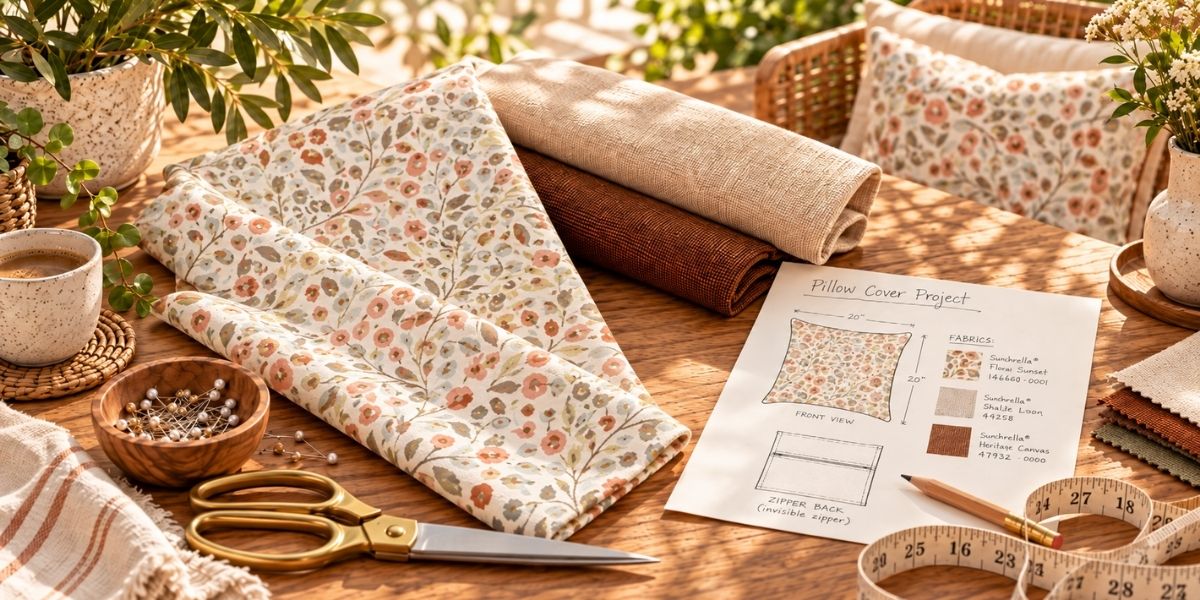 DIY outdoor pillow cover project featuring Sunbrella Flora Sunset floral fabric, Shelter Linen and Shelter Canyon solids, with sewing scissors, pins, measuring tape, and a project sketch.