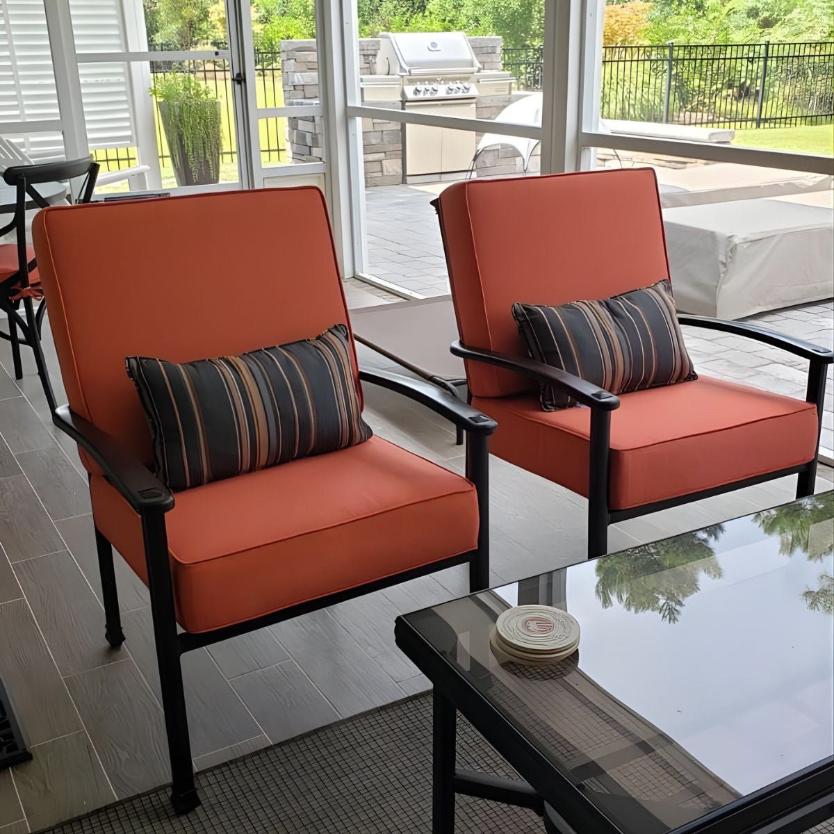 Orange custom chair cushions made with Sunbrella Fabric