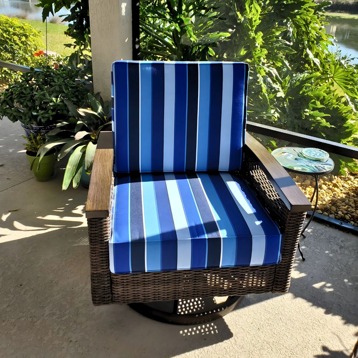 Blue striped sunbrella outdoor chair cushion