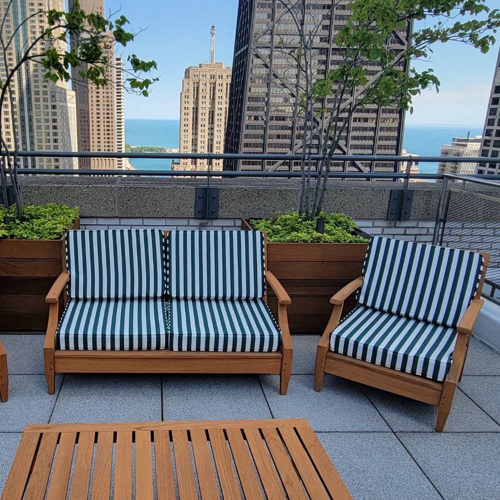 Green and White Striped Loveseat Cushions Made With Sunbrella Fabric