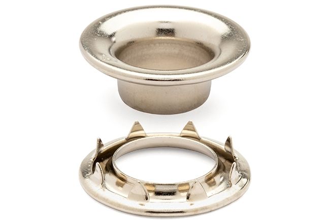 DOT Rolled Rim Grommet with Spur Washer 4 (20 - 007R451831XG) Nickel - Plated Brass 9/16 inch 1 - gross - Outdoor Fabric Central