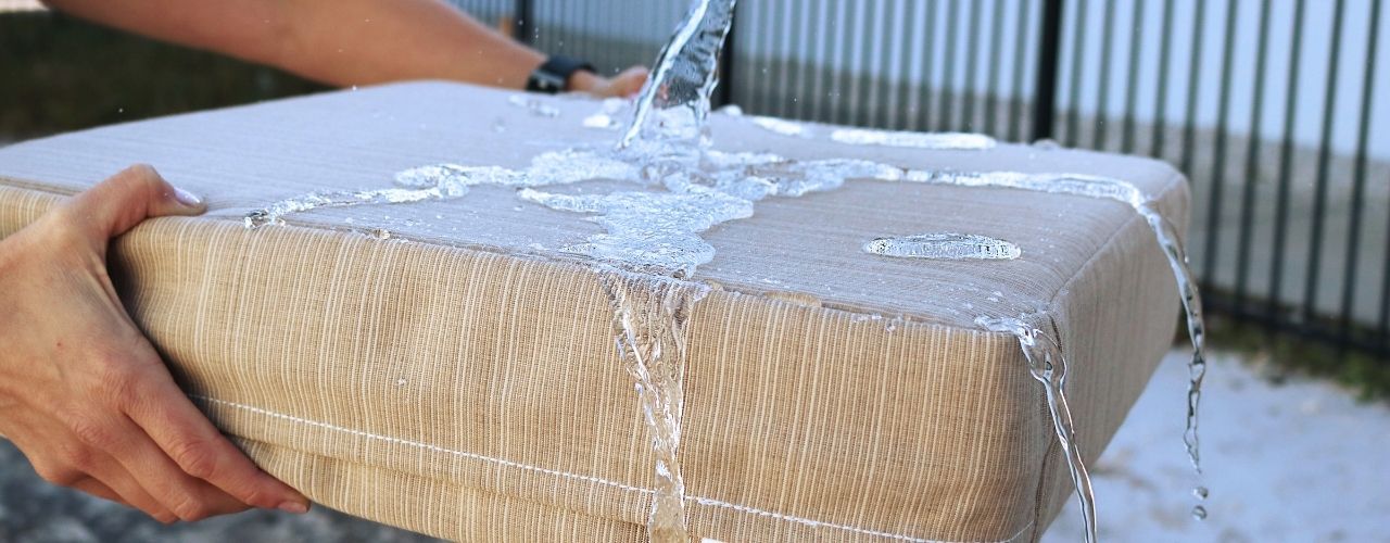 Sunbrella waterproof fabric for cushions and curtains. 
