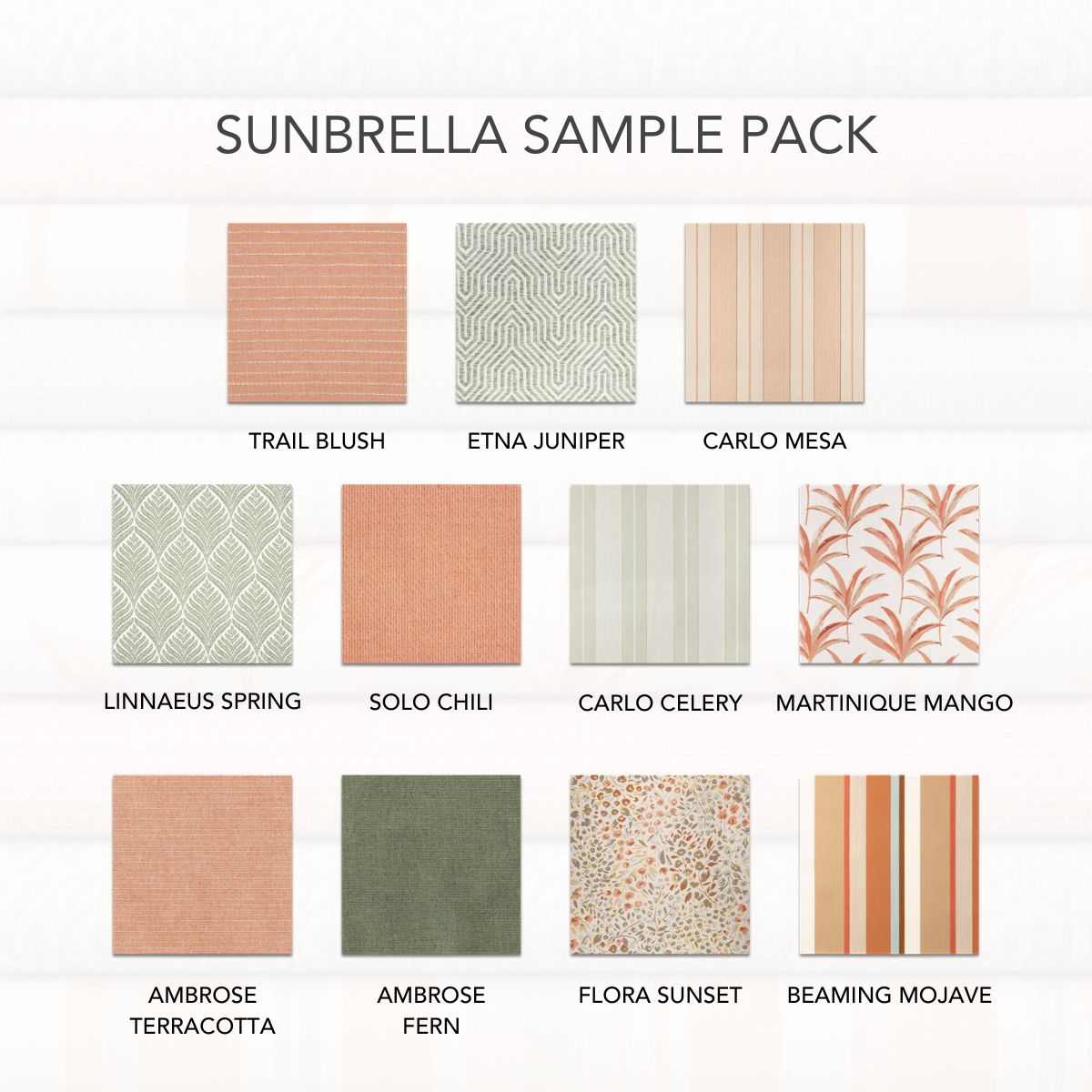Sunbrella green and blush fabric swatches for outdoor upholstery.