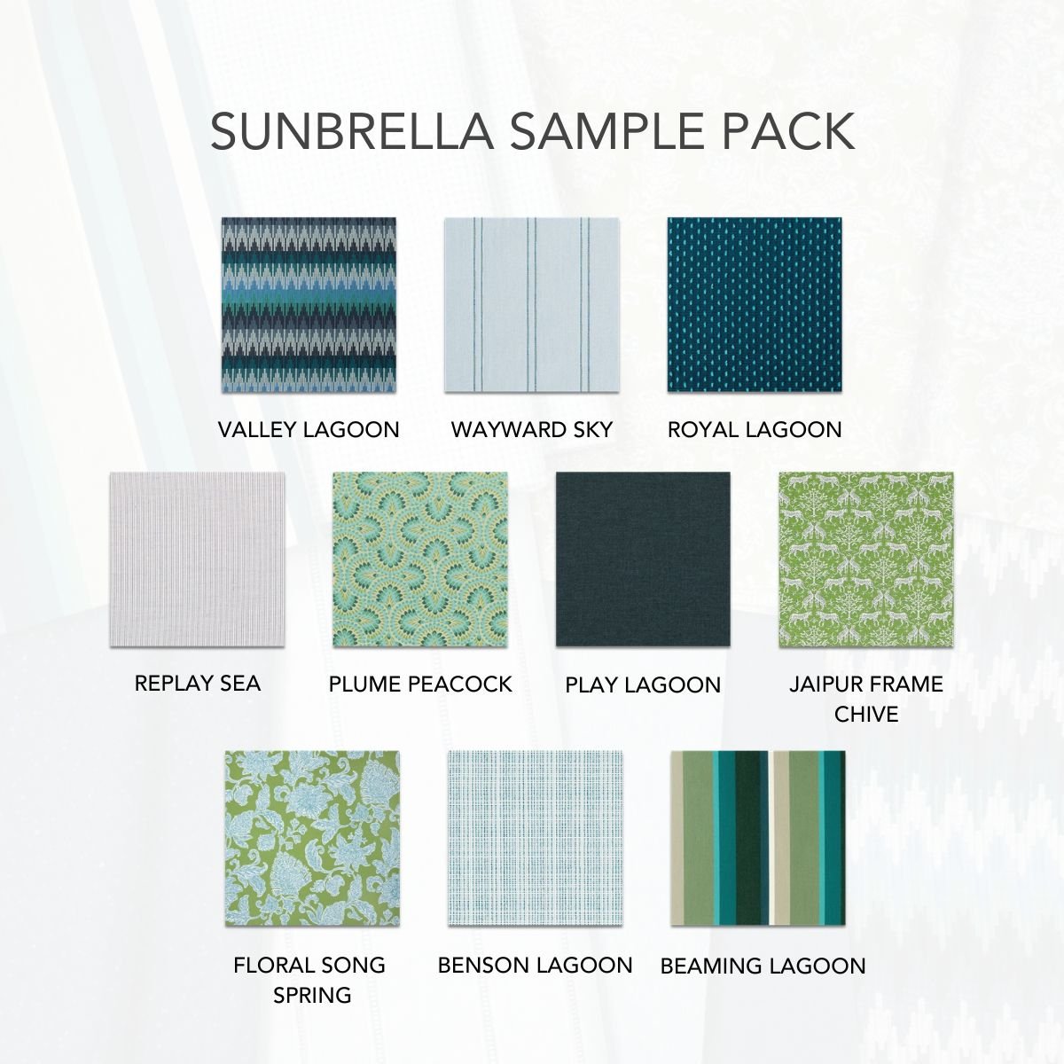 Sunbrella blue and green fabric swatches for outdoor projects.