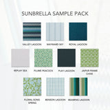 Sunbrella blue and green fabric swatches for outdoor projects.