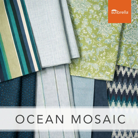 Blue and green patterned Sunbrella fabric samples for outdoor upholstery projects.