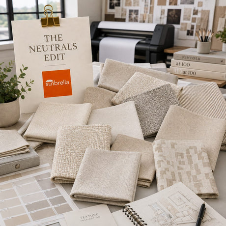 The Neutrals Edit outdoor fabric sample pack featuring linen, sand, dune, parchment and soft neutral fabric swatches