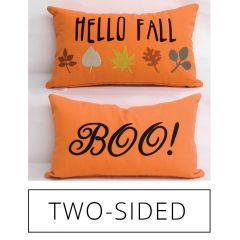 Sunbrella Monogrammed Holiday Pillow Cover Only - 20x12 - Front: Boo in Black / Back: Hello Fall in Multicolor - on Orange - REVERSIBLE