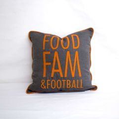 Sunbrella Monogrammed Holiday Pillow Cover Only - 20x20 - Food, Fam and Football - Orange on Dark Grey with Orange Welt