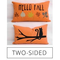 Sunbrella Monogrammed Holiday Pillow Cover Only - 20x12 - Front: Cat on Branch in Black / Back: Hello Fall in Multicolor - on Orange - REVERSIBLE