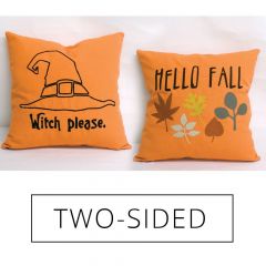 Sunbrella Monogrammed Holiday Pillow Cover Only - 18x18 - Front: Witch Please in Black / Back: Hello Fall in Multicolor - on Orange - REVERSIBLE