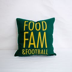 Sunbrella Monogrammed Holiday Pillow Cover Only - 20x20 - Food, Fam and Football - Gold on Green with White Welt