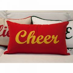 Sunbrella Monogrammed Holiday Pillow Cover Only - 20x12 - Christmas - Cheer - Gold on Red with Striped Back