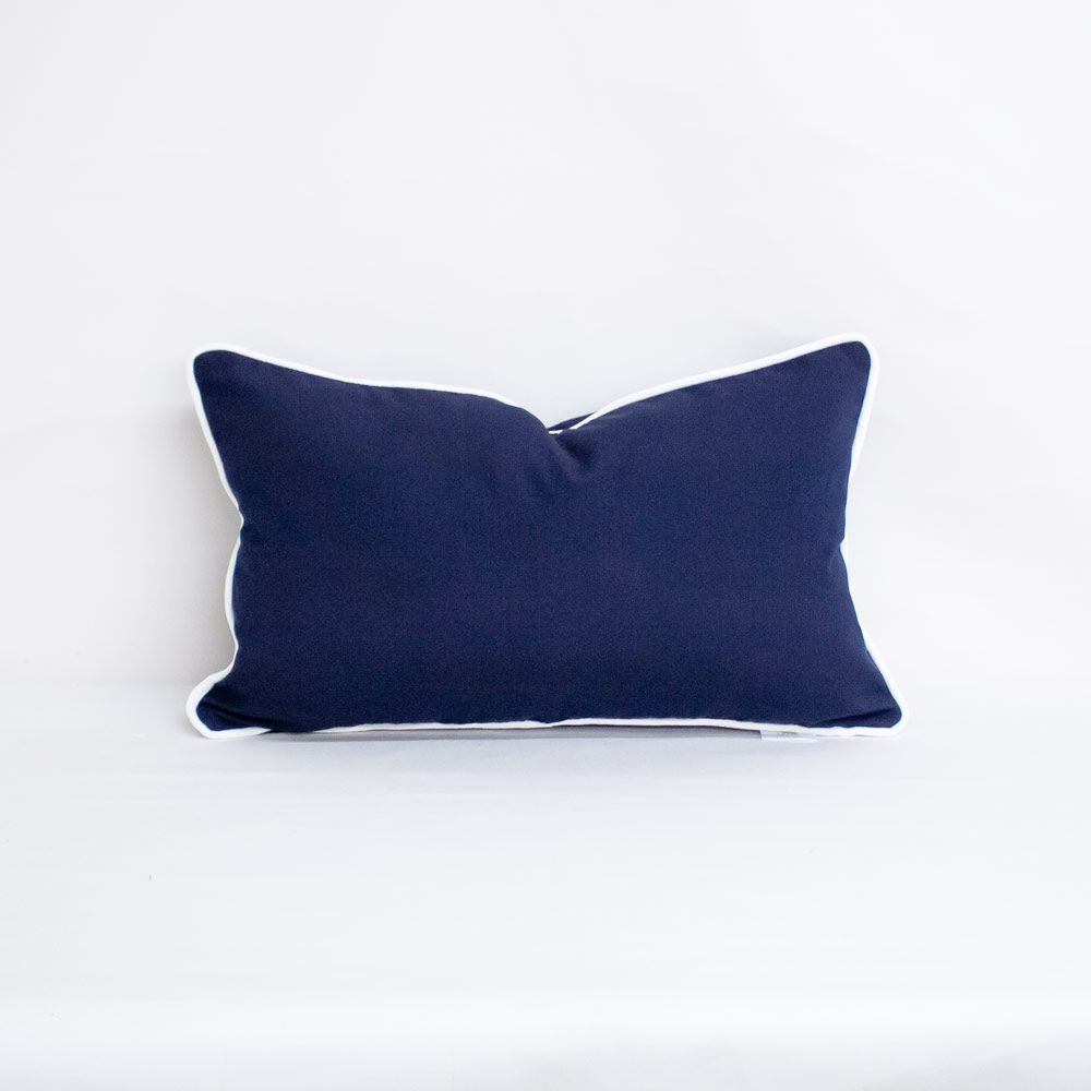 navy and white fabric finish with piping. Indoor outdoor decorative pillow cover in Sunbrella striped blue